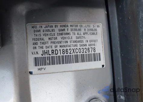 1999 Honda Cr-V Ex z USA, uszkodzony, nr VIN JHLRD1862XC032678